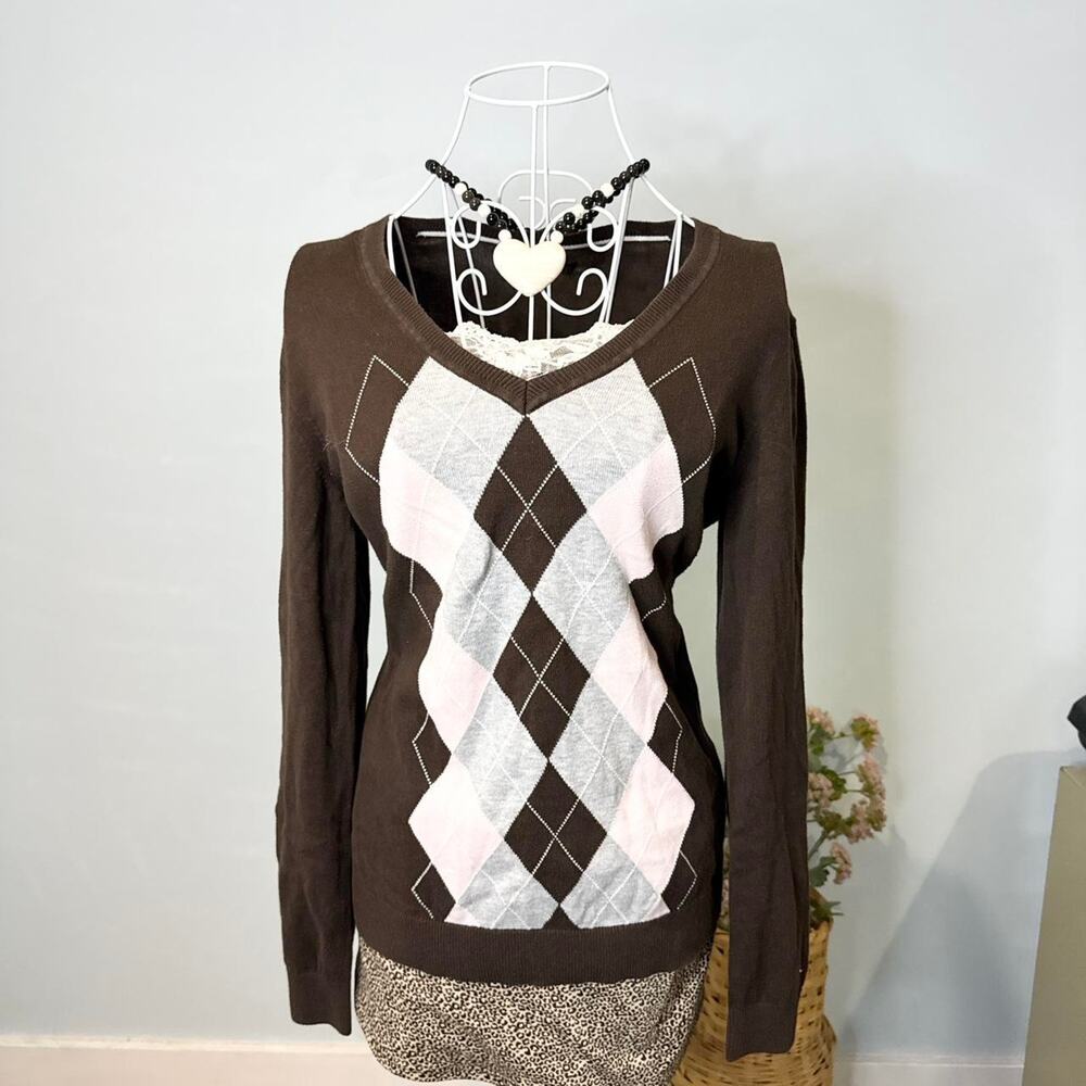 Cute vintage y2k brown & pink argyle tight long sleeve v neck sweater